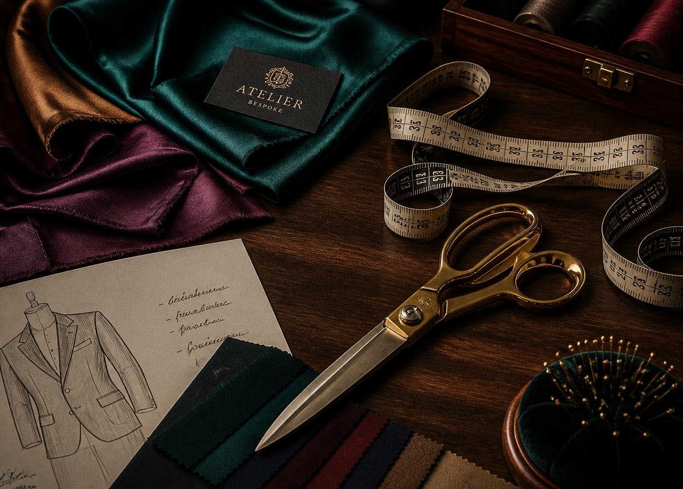Silk swatches, gold shears and a couture sketch on a walnut atelier table