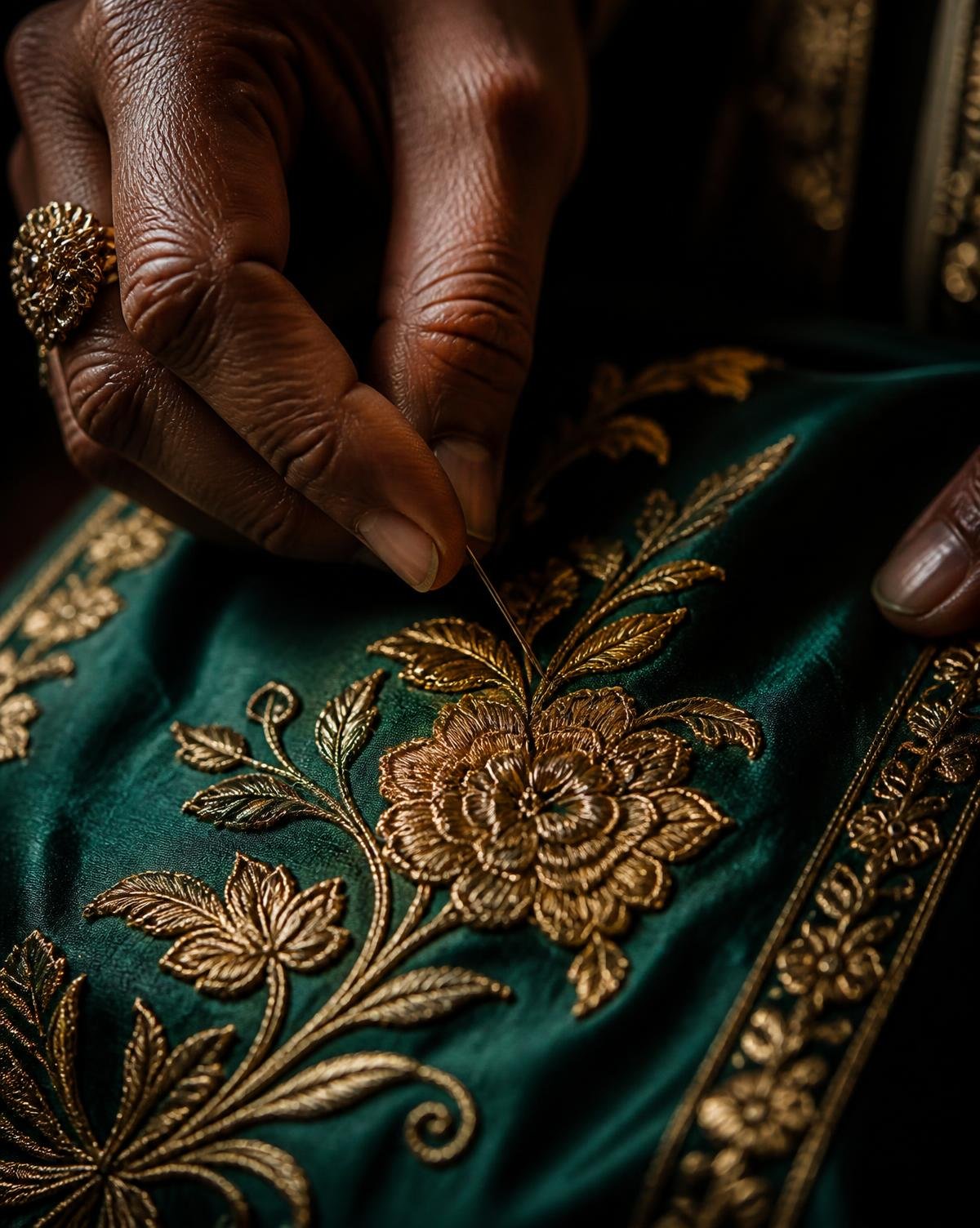 Karigar hand-stitching gold zari embroidery onto emerald silk