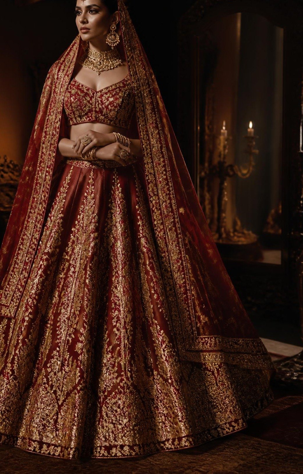 Bride in a hand-embroidered maroon and gold Banarasi silk lehenga